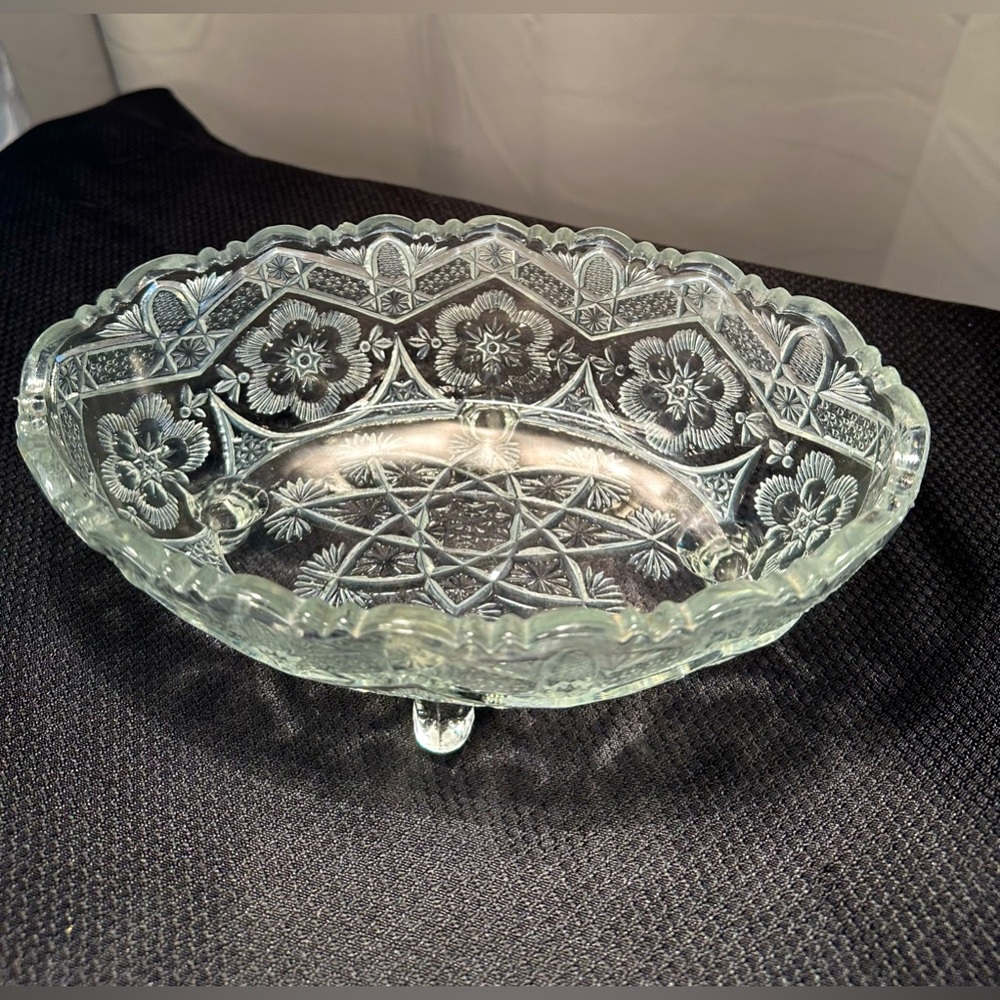 Vintage Pressed Glass Oval 4-Footed Bowl Candy Dish Etched